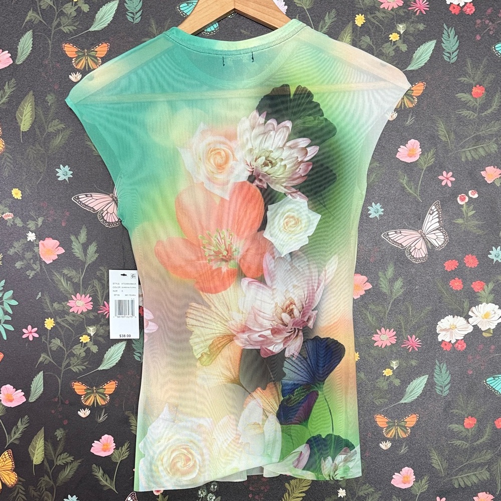 AFRM brand New!!!!Green Multi-Color Floral Mesh Tank Top - Picture 6 of 6
